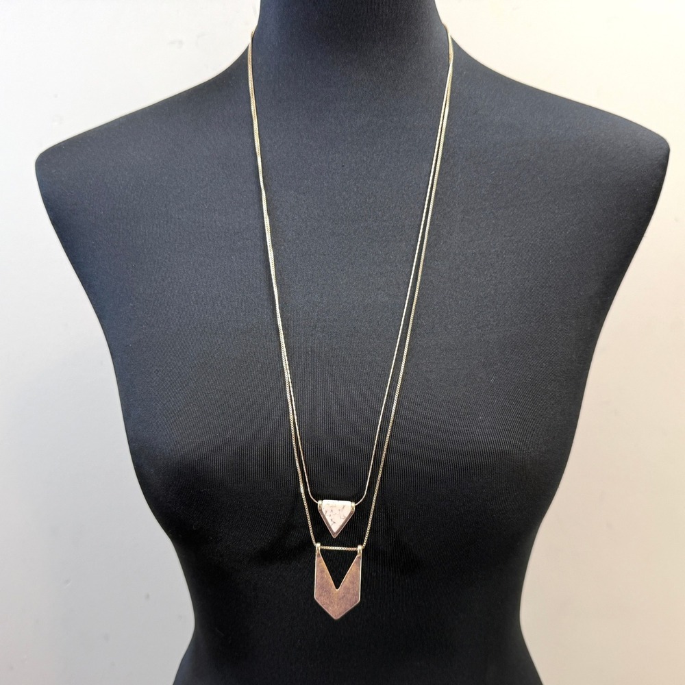 Long Layered Cold Stone Pendant Necklace Gold Tone Fashion Jewelry 17 in L